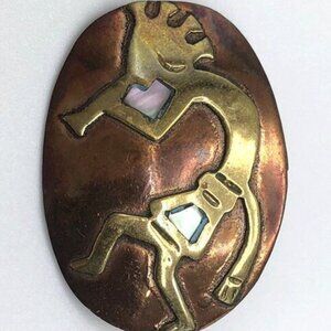 Vintage Kokopeli Copper Gold Mother of Pearl Pendant Charm Southwestern Western